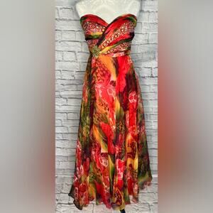 Frenchy by Heather French Henry Colorful Boho Strapless Chiffon Maxi Gown